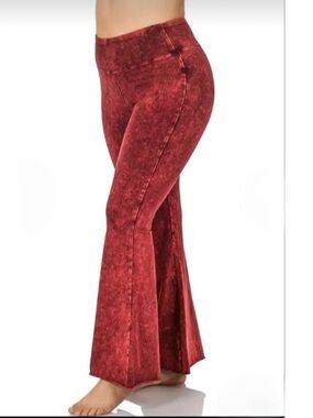 Zenana Cabernet Red Acid-Wash Flared Cotton Blend Yoga Pants